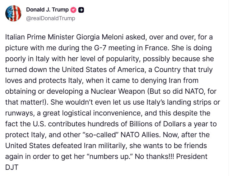 Трамп раскритиковал Мелони за отказ от сотрудничества с США на саммите G7 во Франции