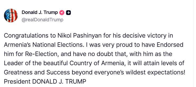 Дональд Трамп поздравляет Никола Пашиняна с победой на выборах в Армении